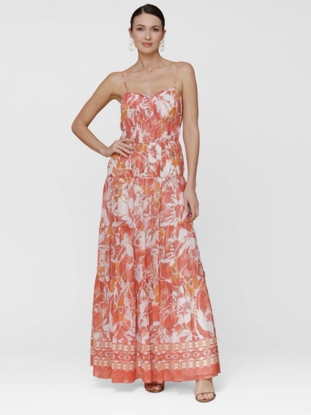 Avec Les Filles Coral and White Floral Tiered Maxi Dress
